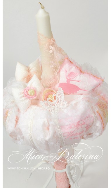 Lumanare de botez pentru fetite cu broderie personalizata, 65x4 cm, Mica balerina 5